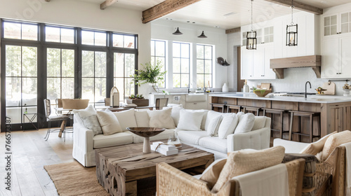 modern farmhouse living room with fireplace, interior, room, table, kitchen, chair, home, furniture, design, dining, house, chairs, wood, floor, luxury, decor, dining room, architecture
