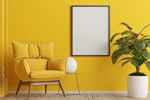 Hanging on a radiant sunflower yellow wall, a modern empty frame mockup brings joy and optimism to the space.  © stock contributor 