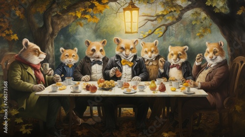 A painting of a group of anthropomorphic animals sitting at a table with cups and plates of food