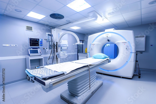 A hospital room with a CT scan machine