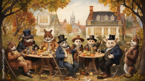 A group of anthropomorphic animals are sitting around a table, dressed in formal wear and eating apples