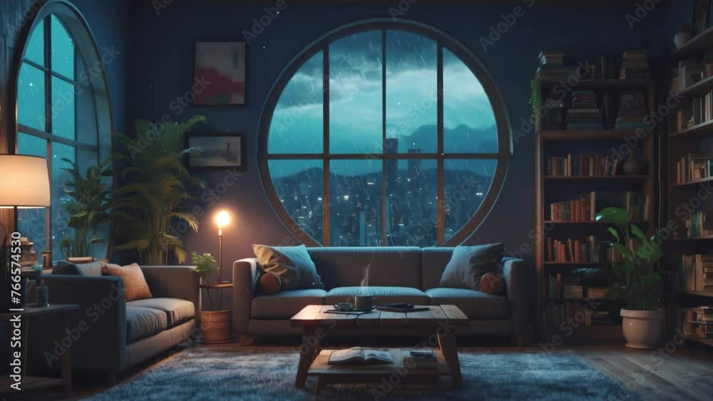 animated stream overlay loop. cozy lo-fi living room with window, raining night sky. visual novel background wallpaper, vtuber asset twitch zoom OBS. study chill hip hop anime video. virtual interior