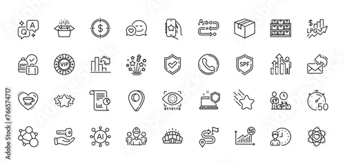 Spf protection, Dating and Packing boxes line icons pack. AI, Question and Answer, Map pin icons. 5g statistics, Storage, Buying house web icon. Confirmed, Vip chip, Decreasing graph pictogram. Vector