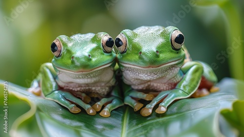 Two Green Frogs on Leaf