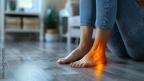 Woman displays inflamed heel, indicating plantar fasciitis.generative ai photo