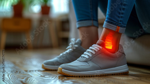 Woman displays inflamed heel  indicating plantar fasciitis.generative ai