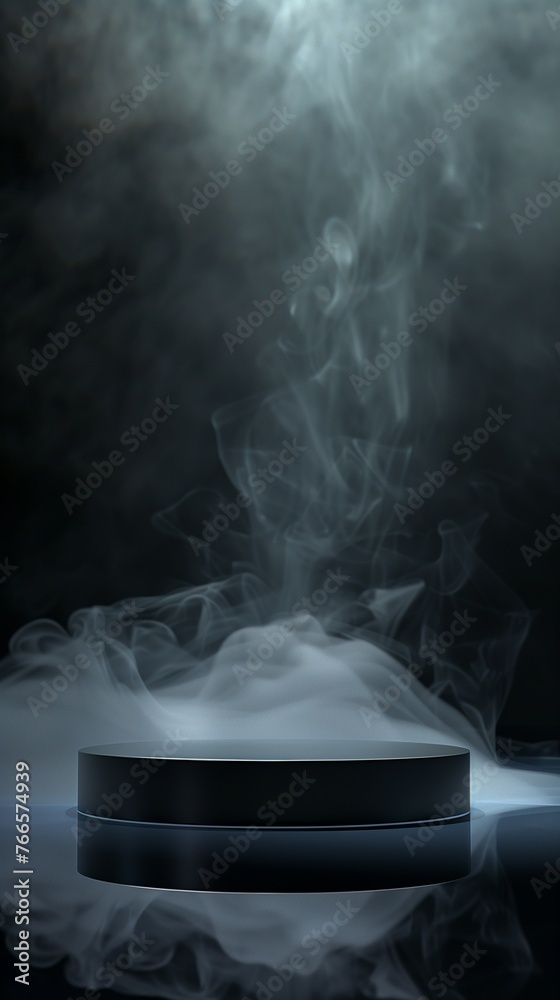 Elevate your product display with this stunning visual of an empty, sleek podium enveloped in swirling smoke, set against a dark, moody background.