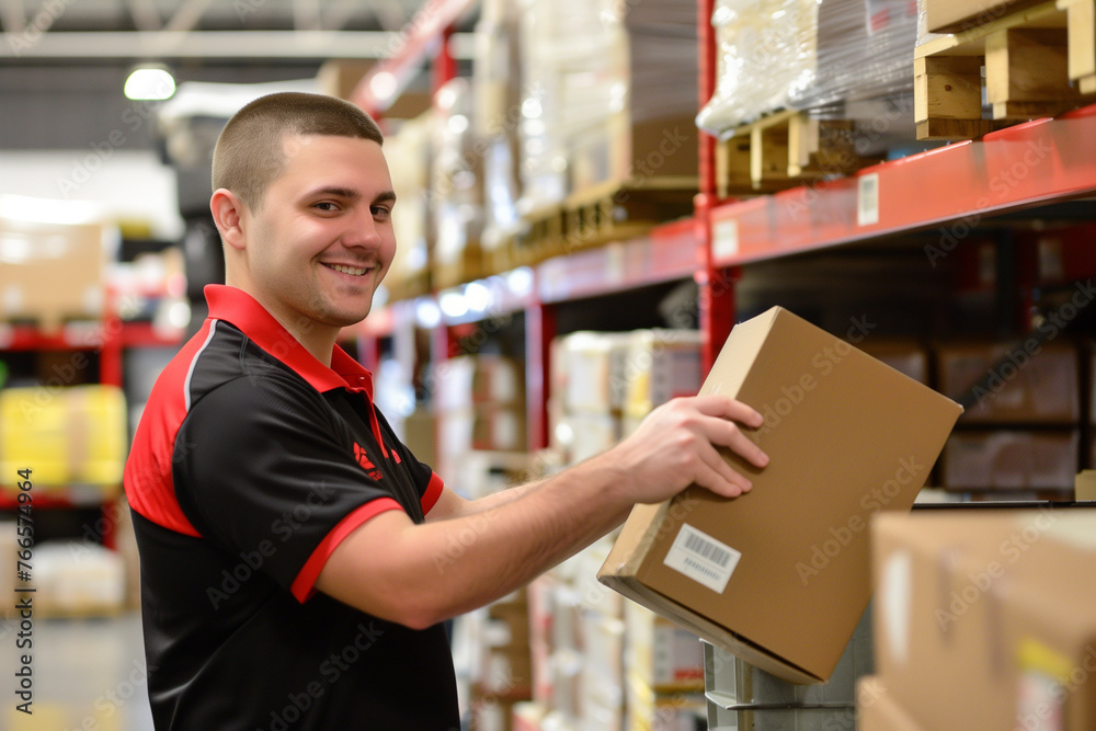 Happy logistics worker in logistics center moving a parcel