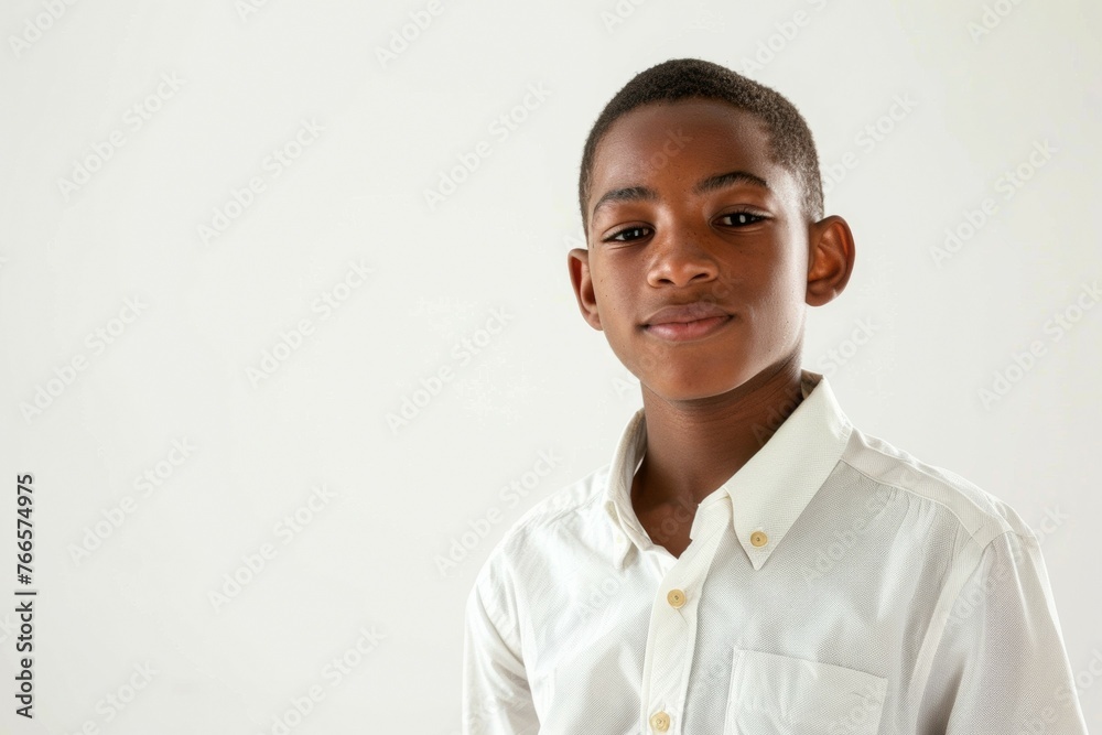 A young boy is wearing a white shirt and smiling
