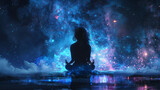 Radiant woman meditates amid cosmic splendor.generative ai