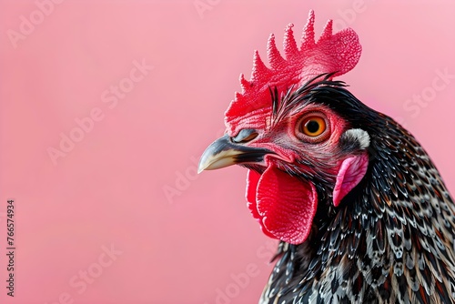 Chicken's Profile on Pink Background. Concept Portrait Photography, Cute Animals, Pink Background, Chicken Profile photo