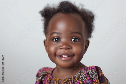 A young girl with a big smile on her face is wearing a colorful dress