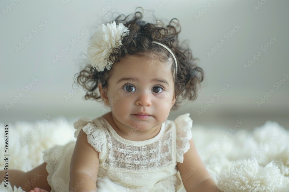 A baby girl is wearing a white dress and a flower headband A baby girl is wearing a white dress and a flower headband
