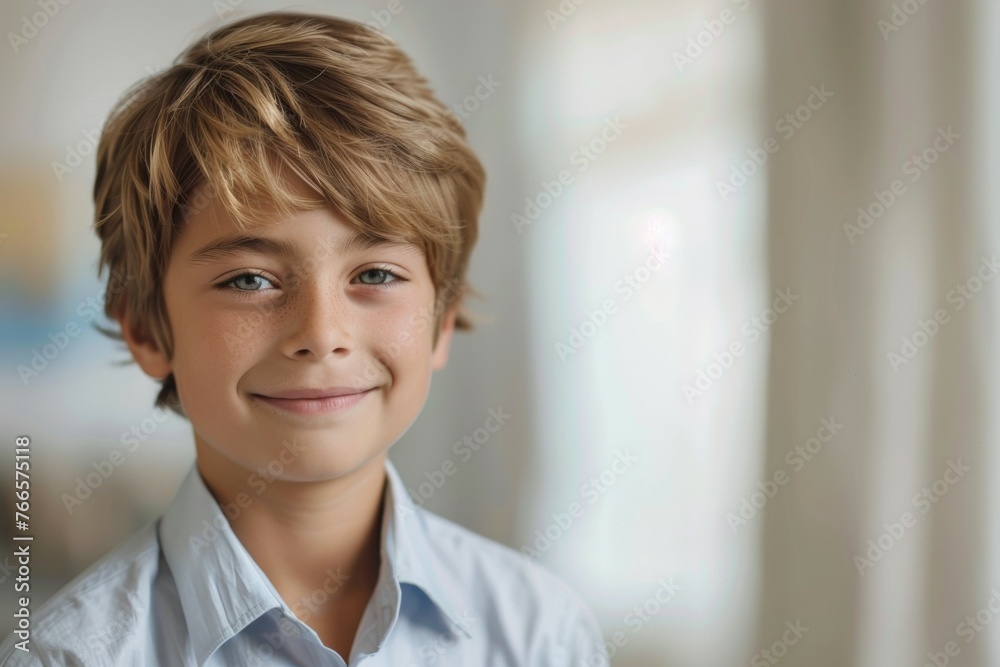 A young boy with blonde hair and blue eyes is smiling for the camera A young boy with blonde hair and blue eyes is smiling for the camera