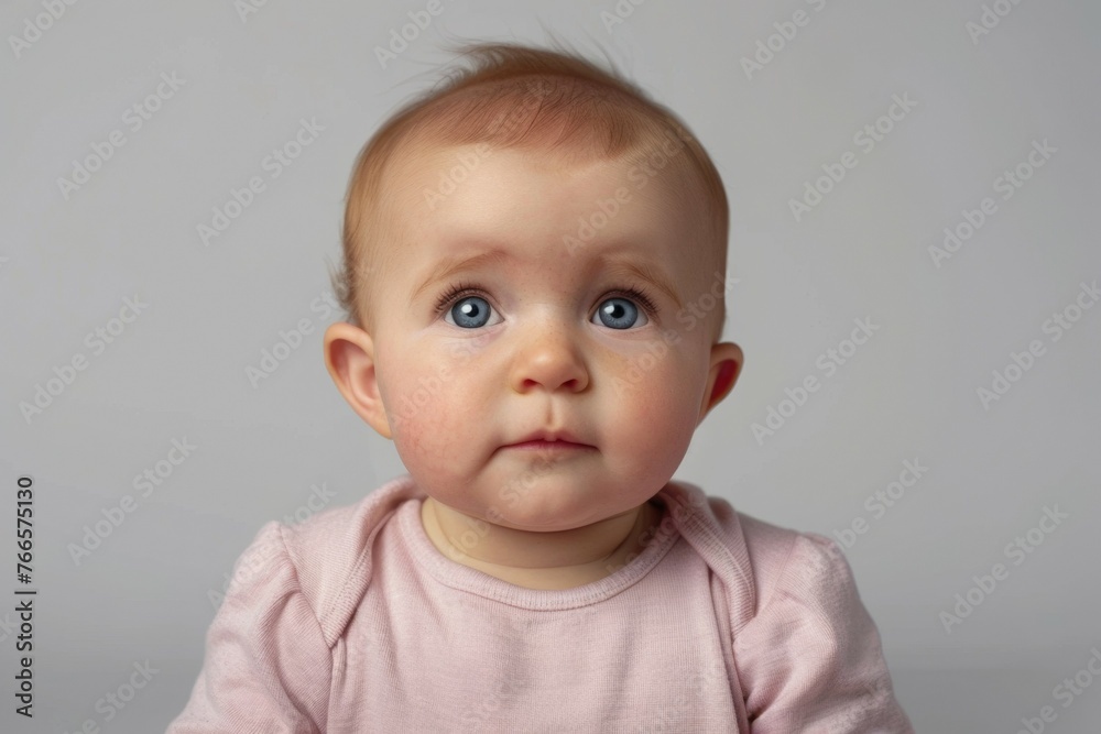 A baby with blue eyes is sitting on a white background A baby with blue eyes is sitting on a white background