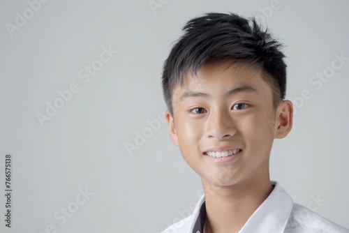 A young boy with short hair and white shirt is smiling