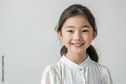 A young girl with a white shirt and ponytail is smiling