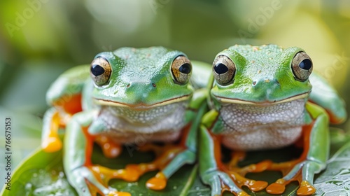Two Frogs Perched on Green Leaf