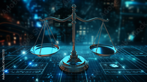 Unbiased artificial intelligence, Scales of Justice in Digital World Concept. Digital illustration Scales on futuristic blue data network background.