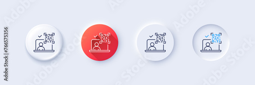 Qr code line icon. Neumorphic, Red gradient, 3d pin buttons. Scan barcode sign. Online identification symbol. Line icons. Neumorphic buttons with outline signs. Vector