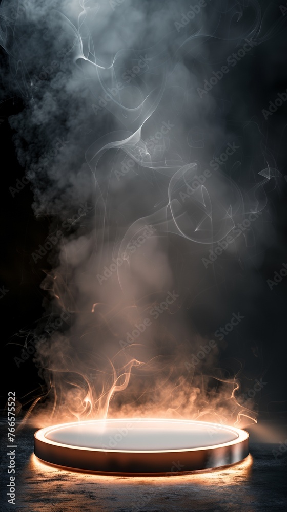 For a product display that commands attention, this image presents an elegant podium bathed in a halo of light, with smoke gracefully rising against a dark, contrasting background.