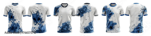 set of white sports t-shirts with blue splashes abstract pattern, front and back view, generative ai