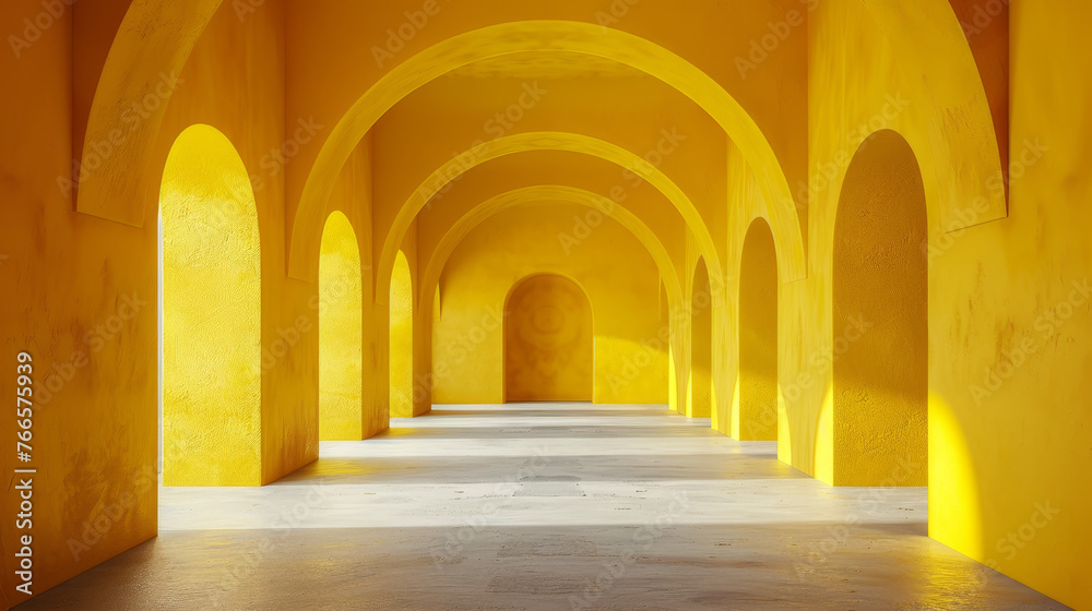 Yellow arches create a symmetrical path, inviting an endless journey. Yellow arches create a symmetrical path, inviting an endless journey.