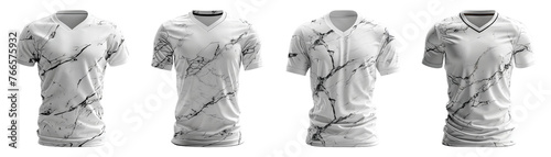 set of white t-shirts with black abstract patterns, front view, generative ai