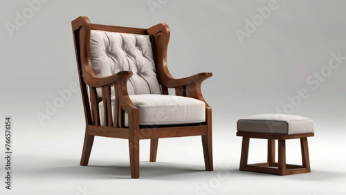Classic carved furniture made of natural wood with soft cushions in the form of an armchair and a soft stool for feet on a white background