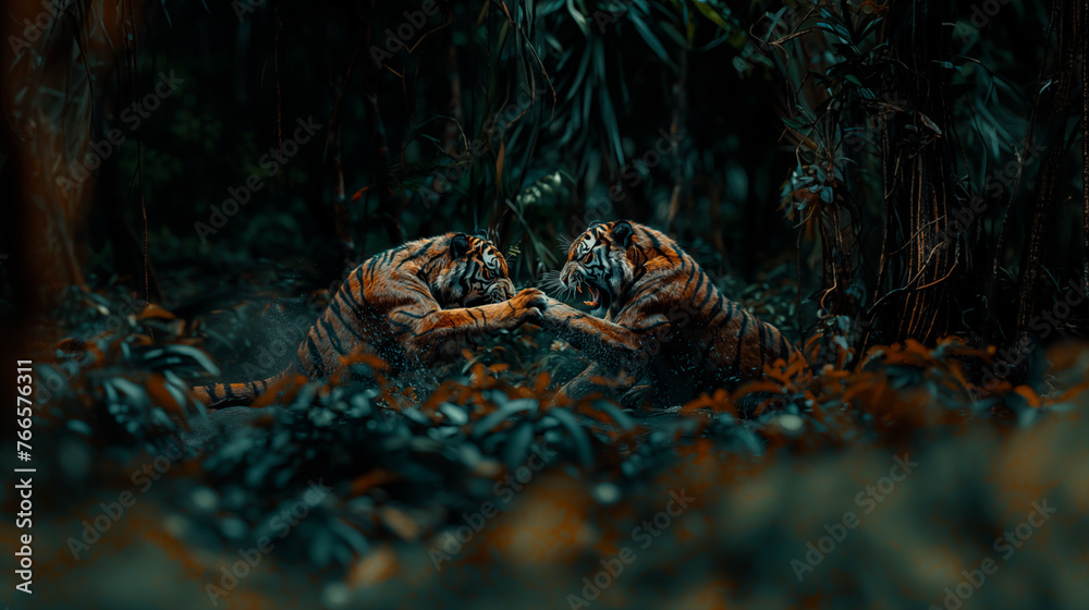 two bengal tigers fighting in the dark jungle, cinematic mood, exotic trees and plants