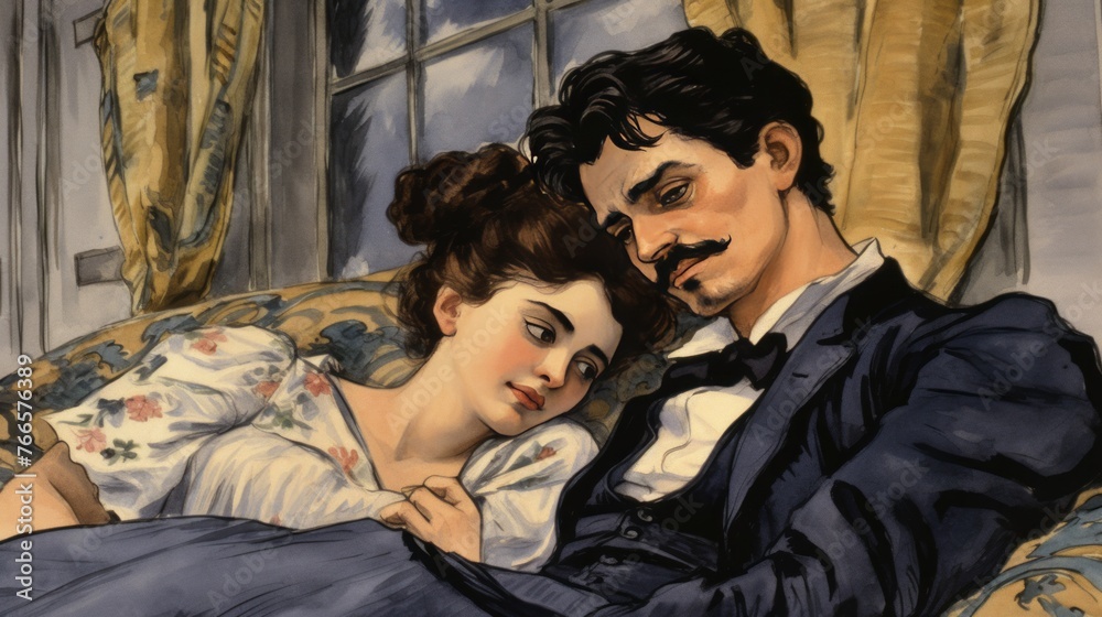 A man and a woman are lying on a couch, with the man wearing a black suit and the woman wearing a white dress. Scene is romantic and intimate, as the couple is cuddling