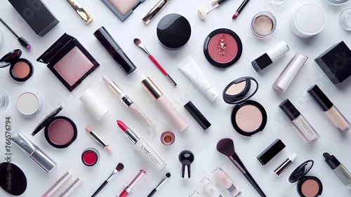 Obraz many cosmetics products for makeup on white background
