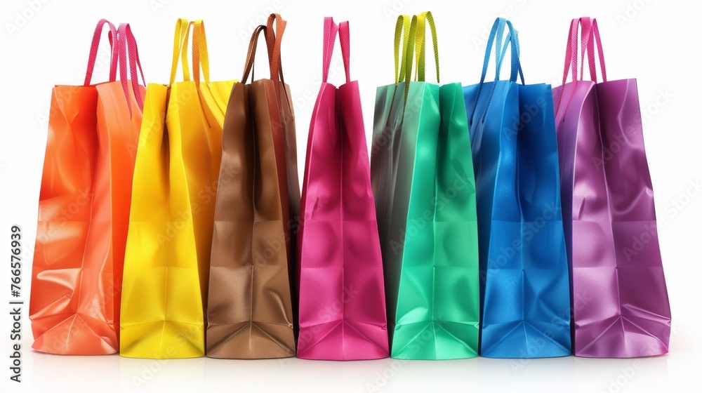 A row of colorful shopping bags lined up on a white surface, AI