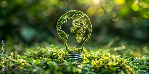 Green world map light bulb on grass symbolizing renewable energy and environmental protection. Concept Renewable Energy, Environmental Protection, Green World, Light Bulb, Grass