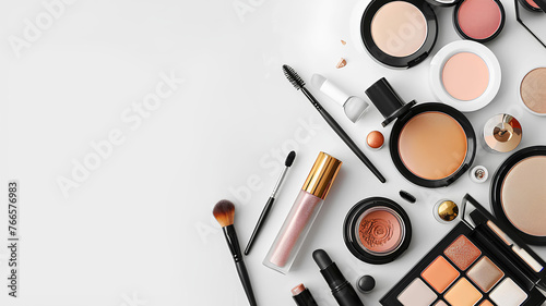 many cosmetics products for makeup on white background