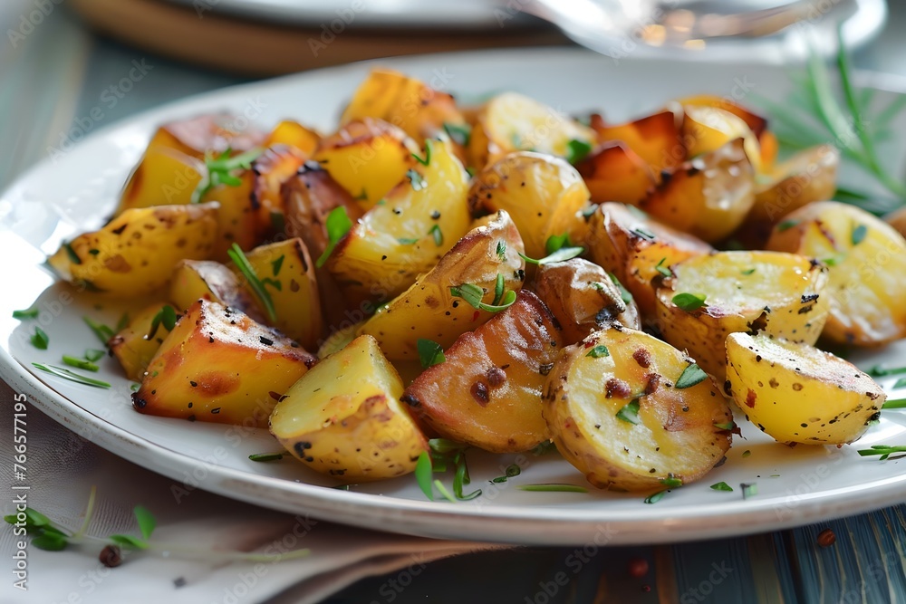 AI-generated image of a plate of crispy roasted potatoes. Concept Food Photography, Crispy Roasted Potatoes, Delicious Appetizers, Gourmet Presentation, Culinary Art AI-generated image of a plate of crispy roasted potatoes. Concept Food Photography, Crispy Roasted Potatoes, Delicious Appetizers, Gourmet Presentation, Culinary Art