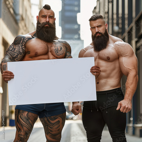 Generative AI: Giant musclemen holding up a white sign © William