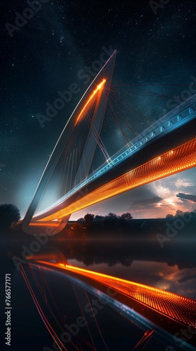 Futuristic Suspension: Modern Bridge Illuminated by Night Lights with Copy Space.
