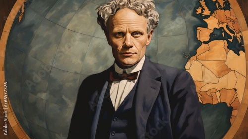 A man in a suit and bow tie stands in front of a globe. The globe is painted in a way that it looks like it is made of wood photo
