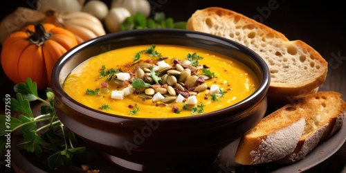 Comfort in a Bowl: Freshly Cooked Vegetarian Pumpkin Soup Served on a Rustic Table, Inviting Warmth and Nourishment