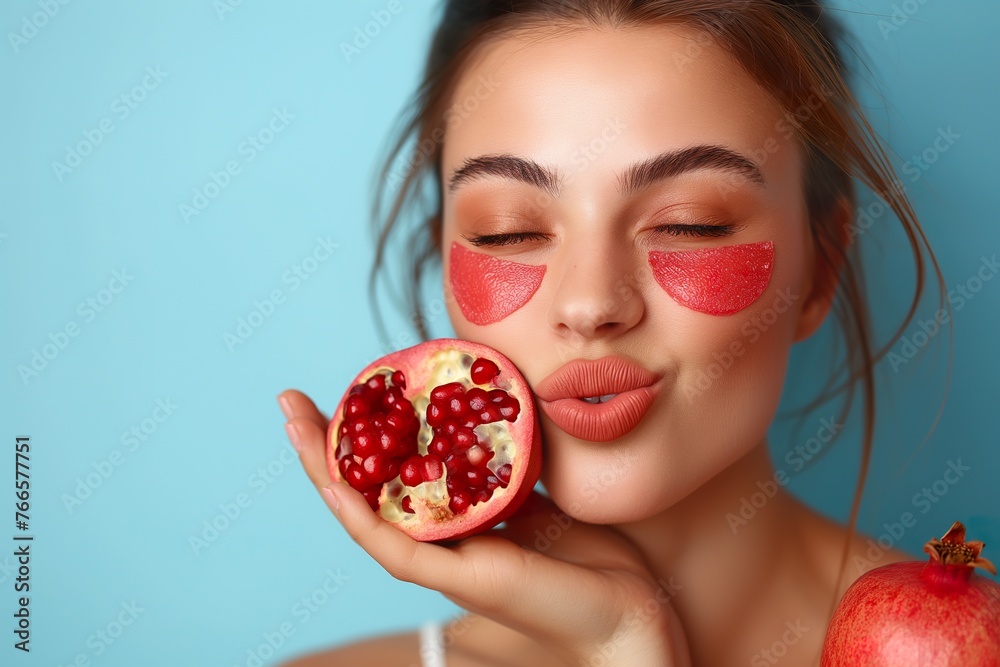 Young woman holding a pomegranate in front of her face, with under-eye patches visible. Young woman holding a pomegranate in front of her face, with under-eye patches visible.