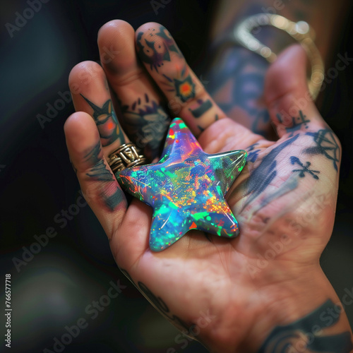 Generative AI: tattooed hand holding a star shaped opal © William