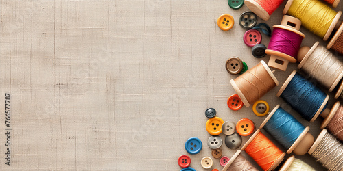 Obraz na płótnie Colorful spools of thread and buttons on beige linen fabric background, copy space. Handicraft concept w salonie