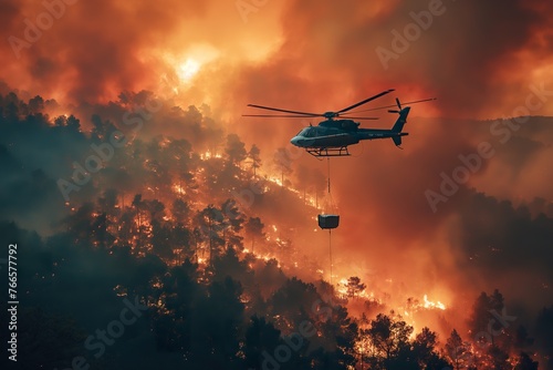 A helicopter hovers over a forest ablaze with fire, combating the flames below.