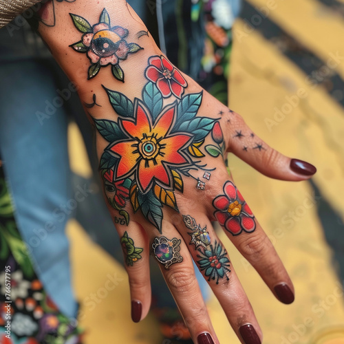 Generative AI: womans hand tattoo with bright flowers © William