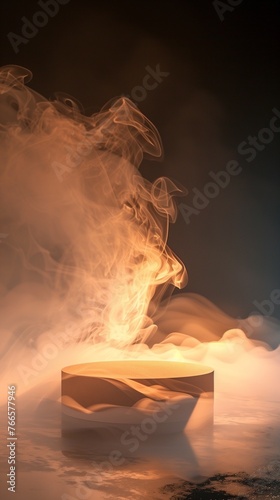 Showcase your products on this impeccably designed display featuring an empty podium amidst a dance of smoke, against a backdrop that fades from shadow to absolute darkness.