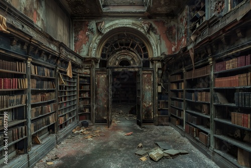 Weathered abandoned old library filled with countless volumes of books.