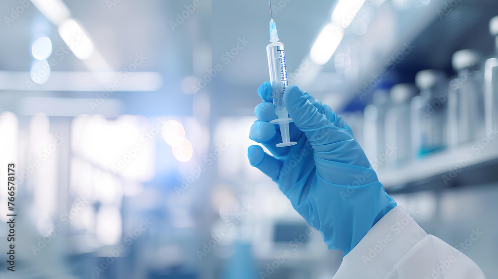 doctor holds a syringe on white blurred laboratory background doctor holds a syringe on white blurred laboratory background
