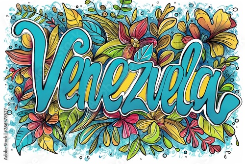 The word Venezuela is depicted in a cartoon doodle style, surrounded by a variety of colorful flowers and leaves.
