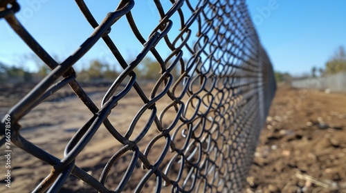 A close-up perspective shot of an aged chain-link fence, highlighting its woven metal details against a blurred outdoor background